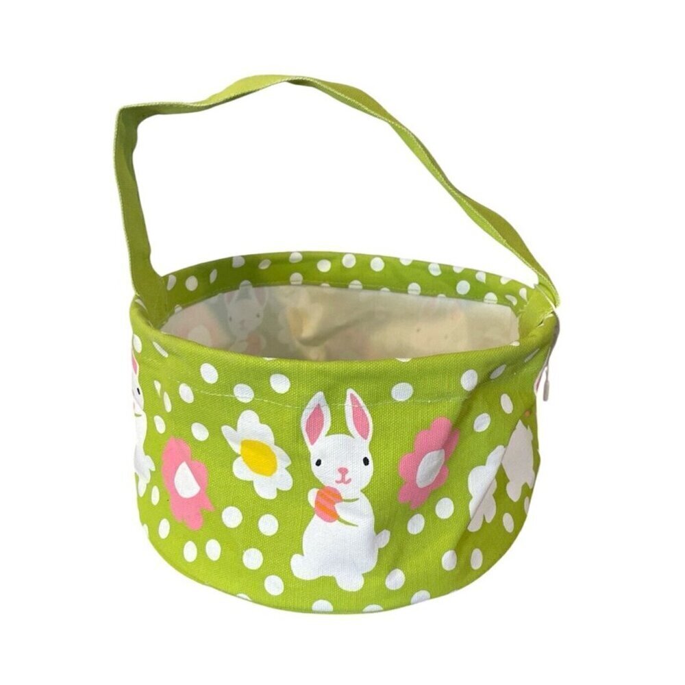 Green White Easter Bunny Basket Egg Hunts Canvas Tote Handbag Container Floral